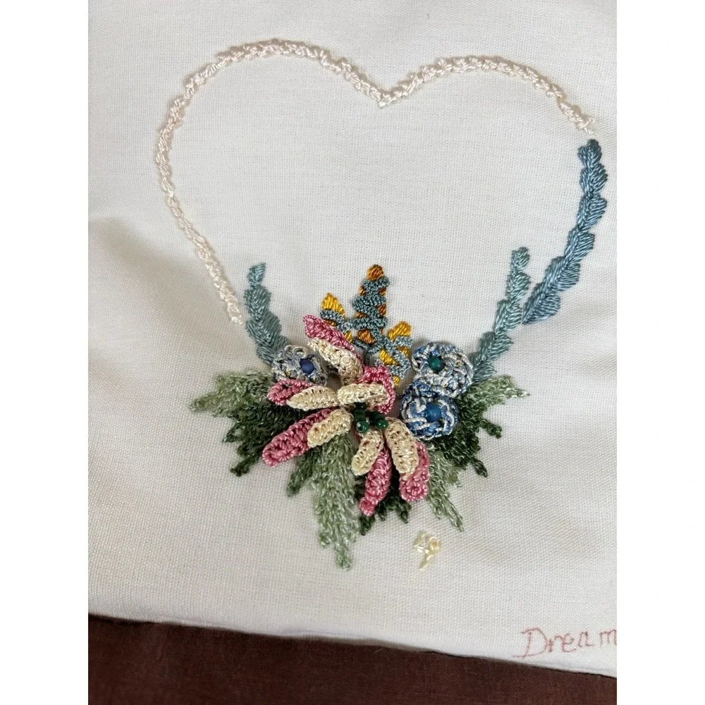 Vintage 70s Small Quilted & Embroidered Wall Hanging Hearts Brown‎ Floral